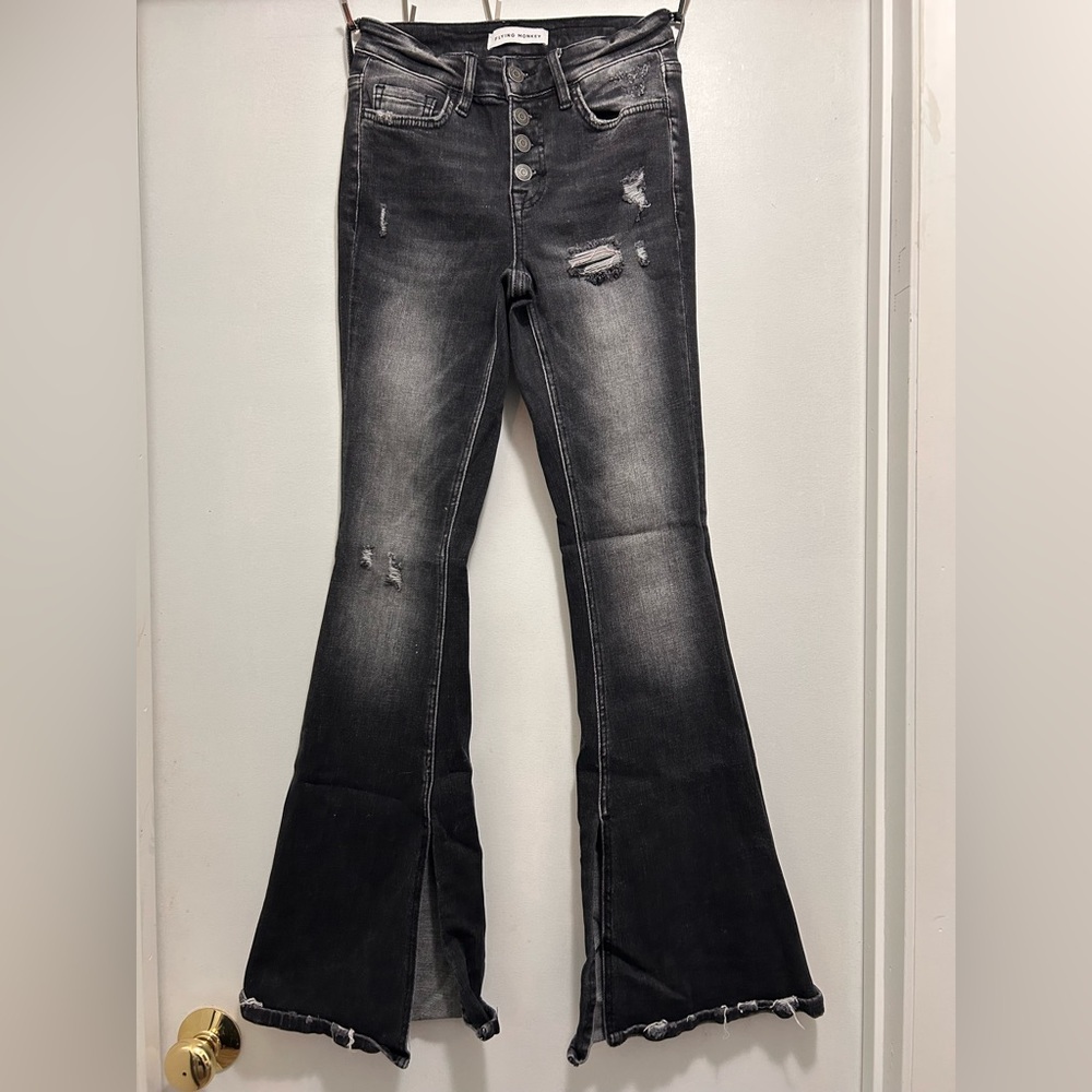 Flying Monkey Charcoal Distressed Flare Jeans